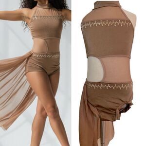 Custom solo dance costume rhinestoned lyrical leotard tan brown MC LC child